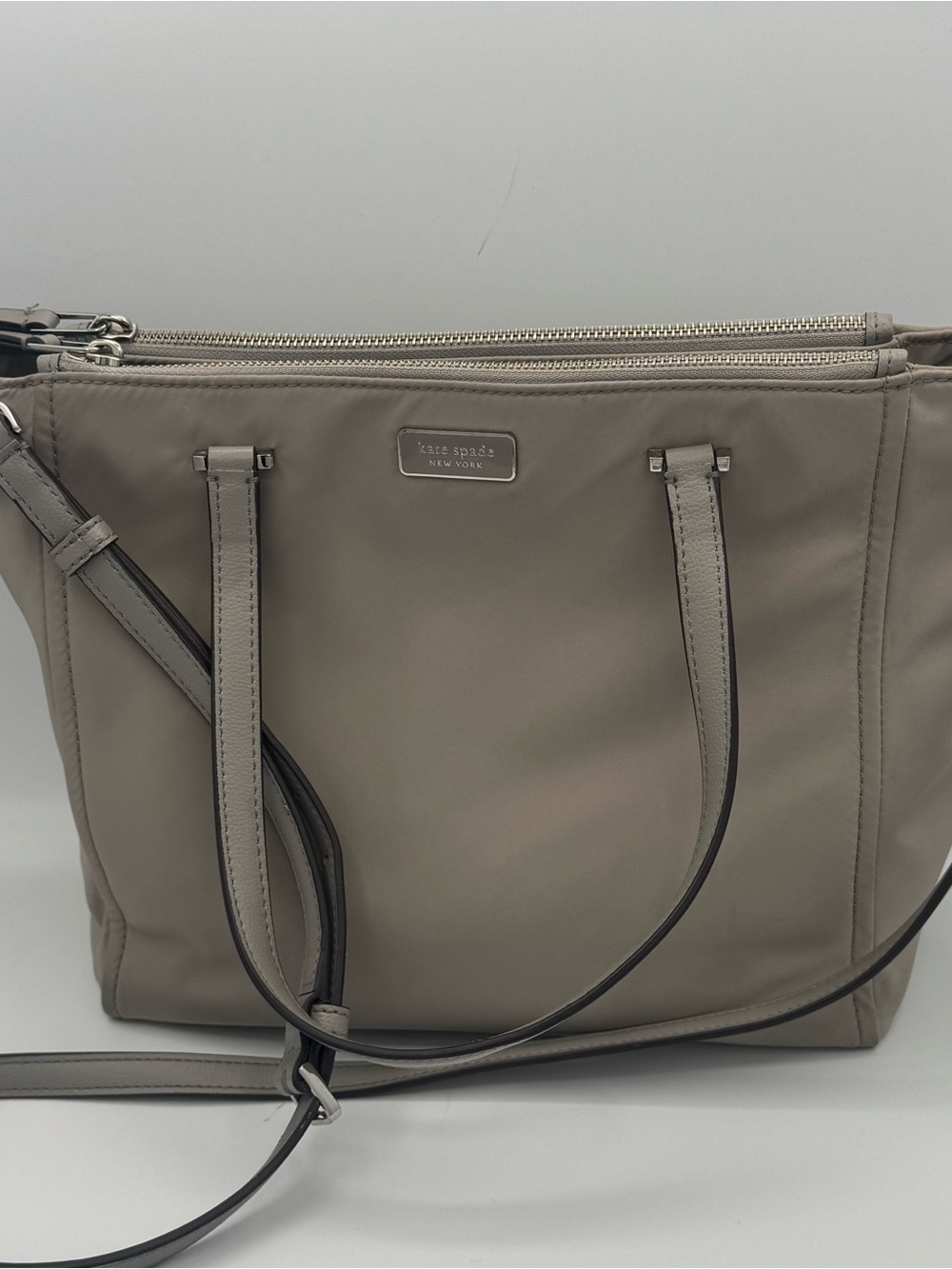 kate spade Taupe Gray Dawn Satchel Nylon Tote Crossbody with Leather Straps